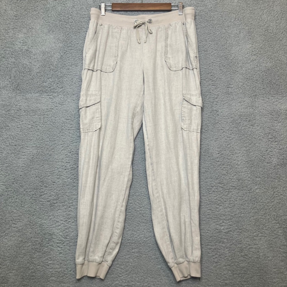 INC 100% Linen Cargo Jogger Pants Women 10 Oatmeal Beige Neutral‎ Beach Coastal